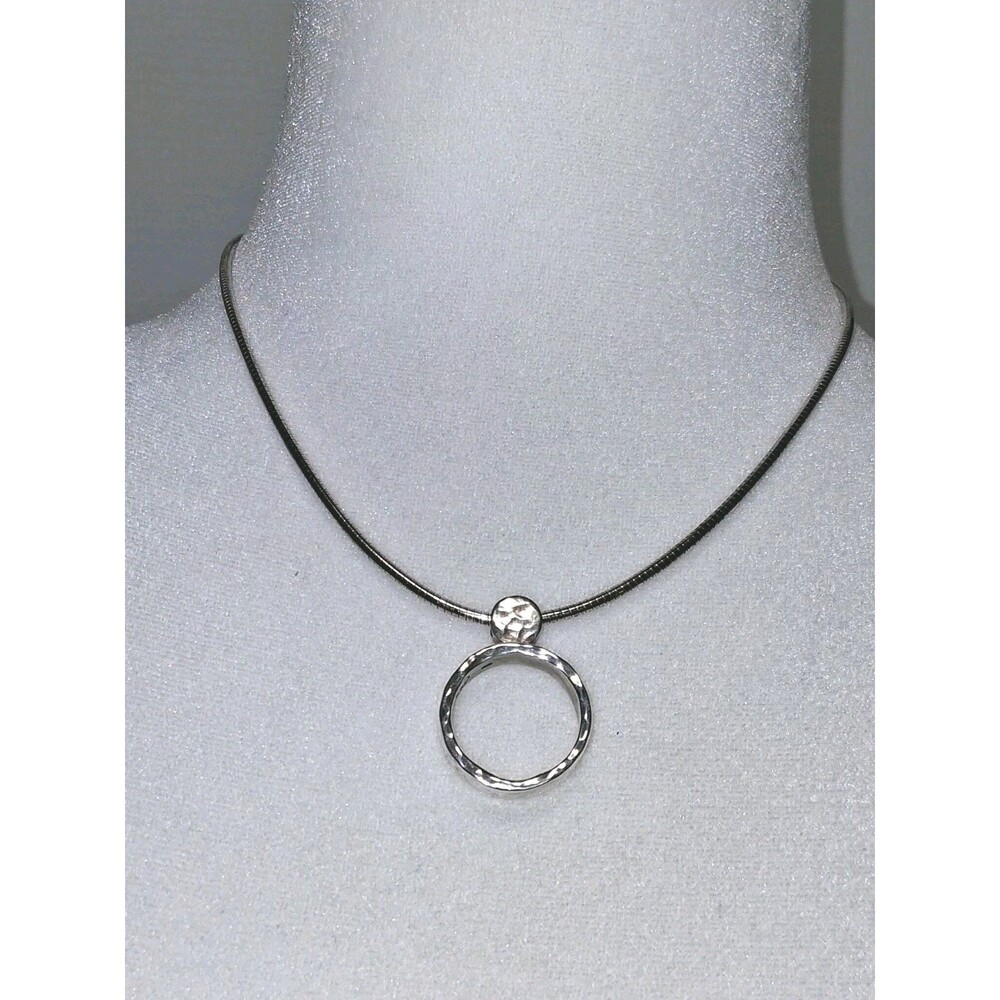 925 Sterling Silver Hammered Circle Pendant Necklace Italian Snake 16" Chain